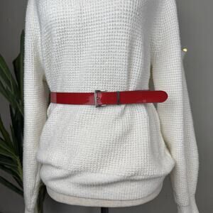 VTG Red Patent Leather Belt Silver Buckle Womens Skinny Waist Belt 80s Retro MOD